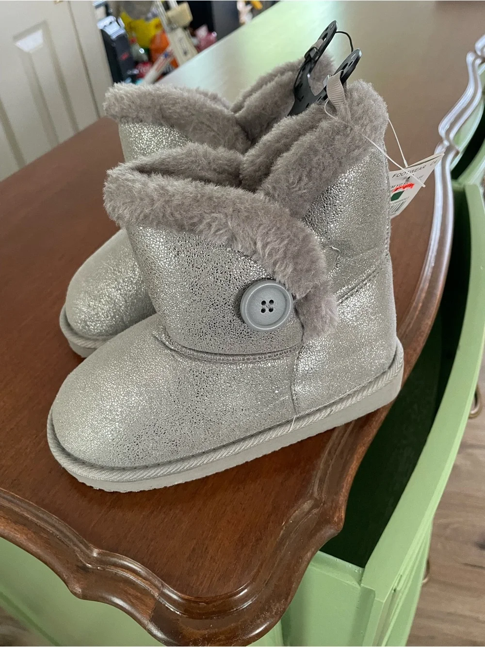 Kids Silver Faux-Fur Button Booties - Unbranded